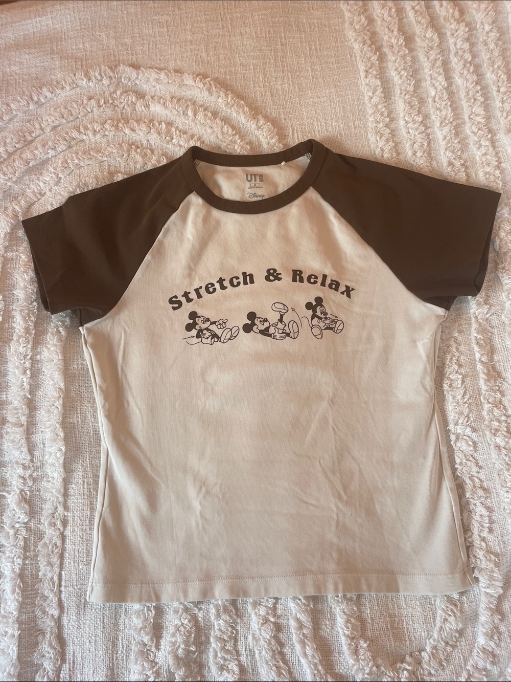 Women Disney Cream and Brown Raglan Tee with Mickey Graphic